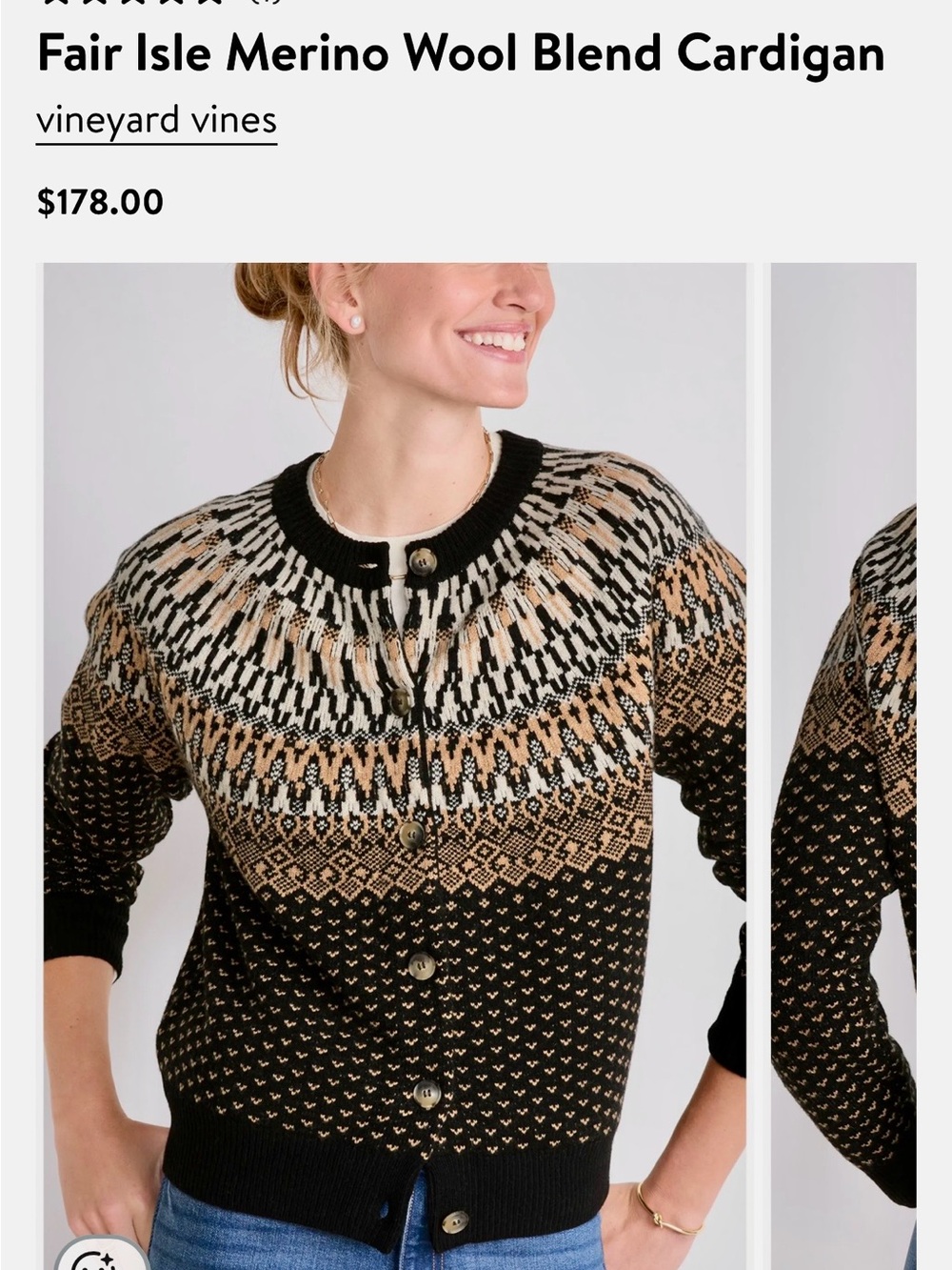 Vineyard Vines Black Tan Cream Fair Isle Merino Blend Cardigan